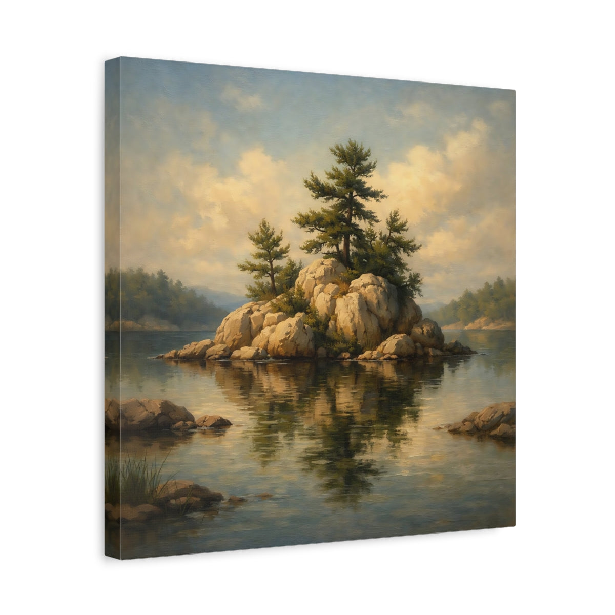 Side Mockup 6. Nature Pine Island Pine Island Lake shown as stretched canvas wall art