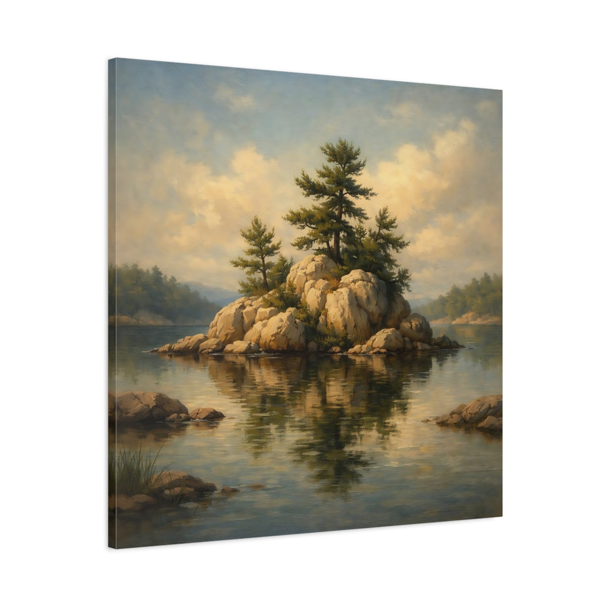 Side Mockup 2. Nature Pine Island Pine Island Lake shown as stretched canvas wall art