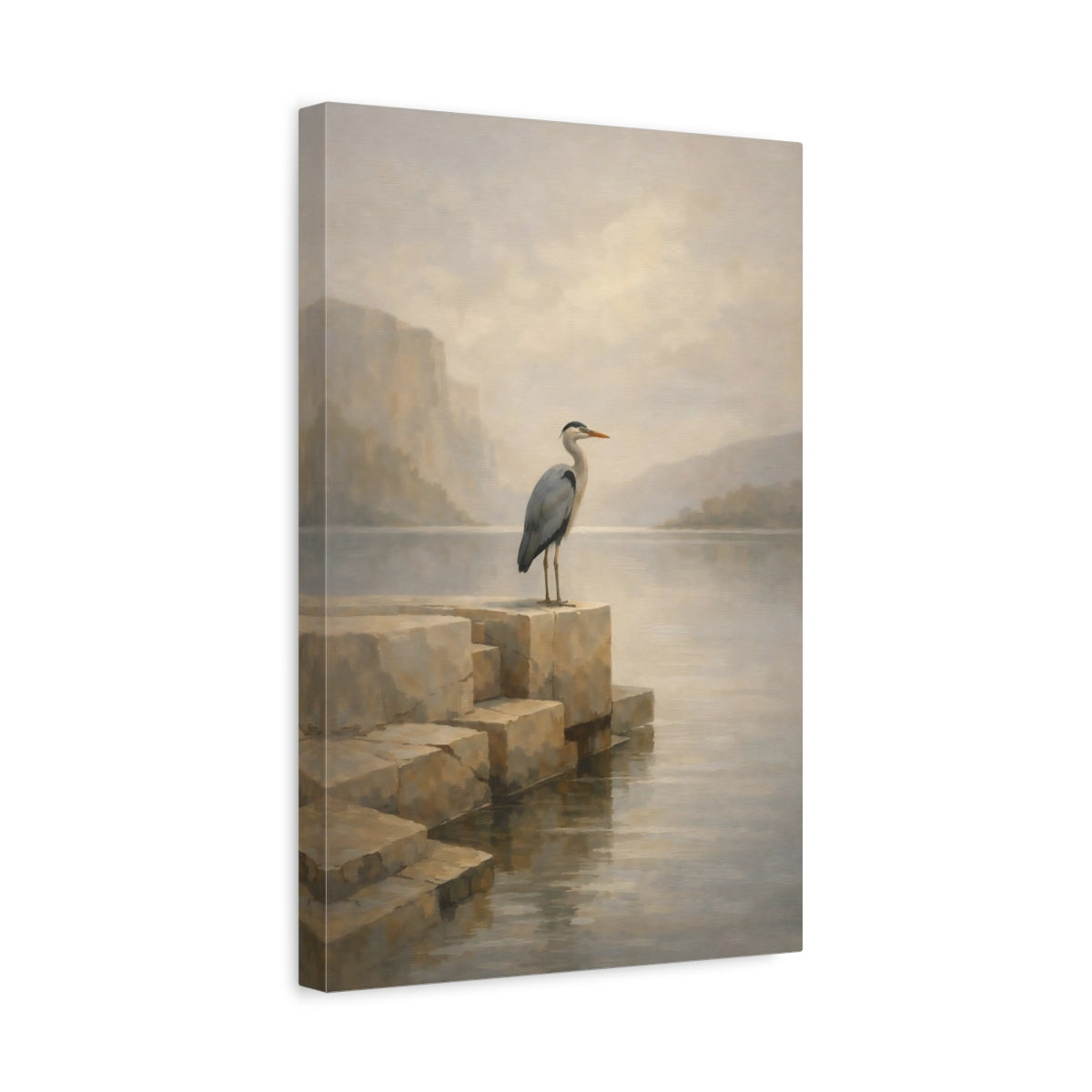 Side Mockup 4. Birds Heron Misty Lake Heron shown as stretched canvas wall art