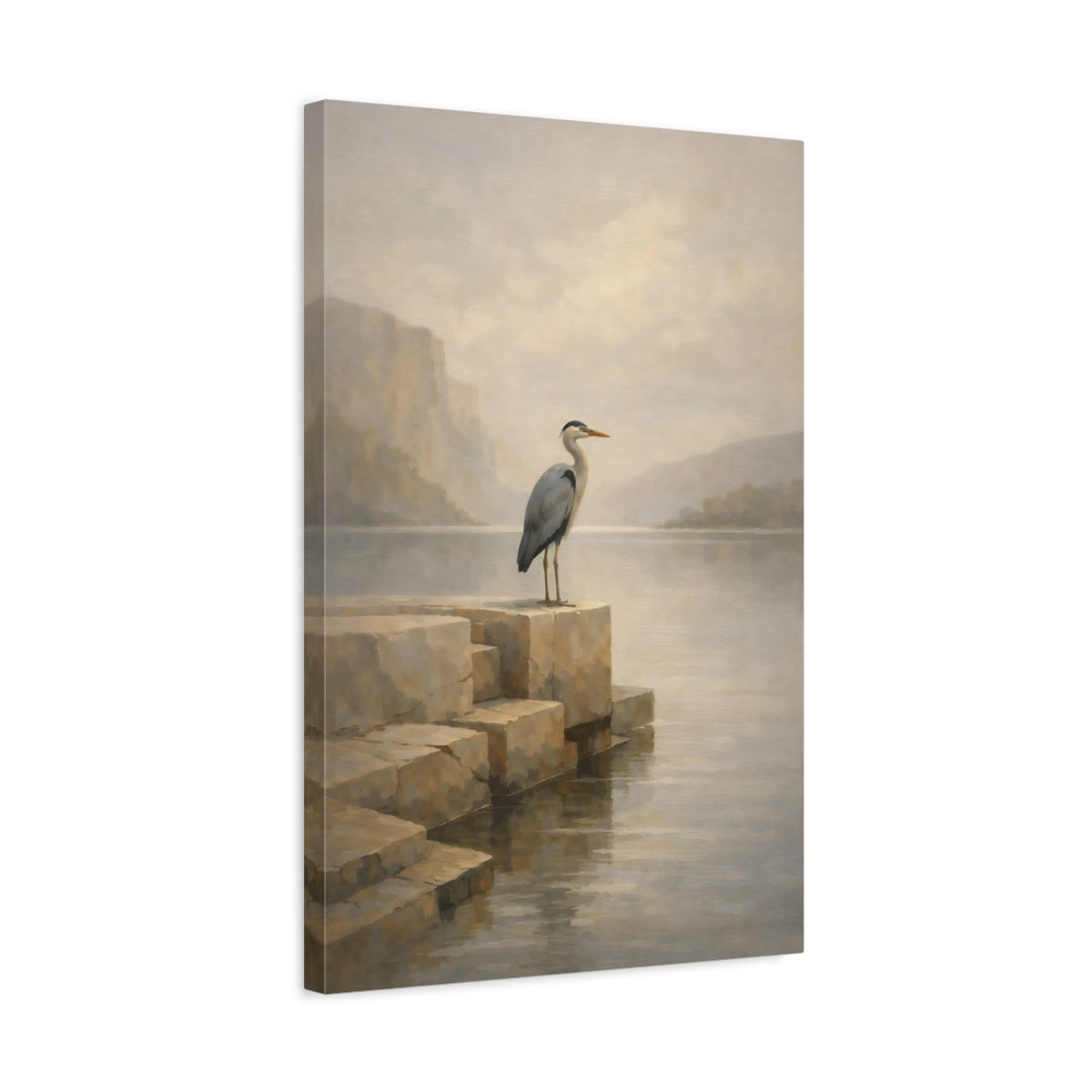 Side Mockup 3. Birds Heron Misty Lake Heron shown as stretched canvas wall art