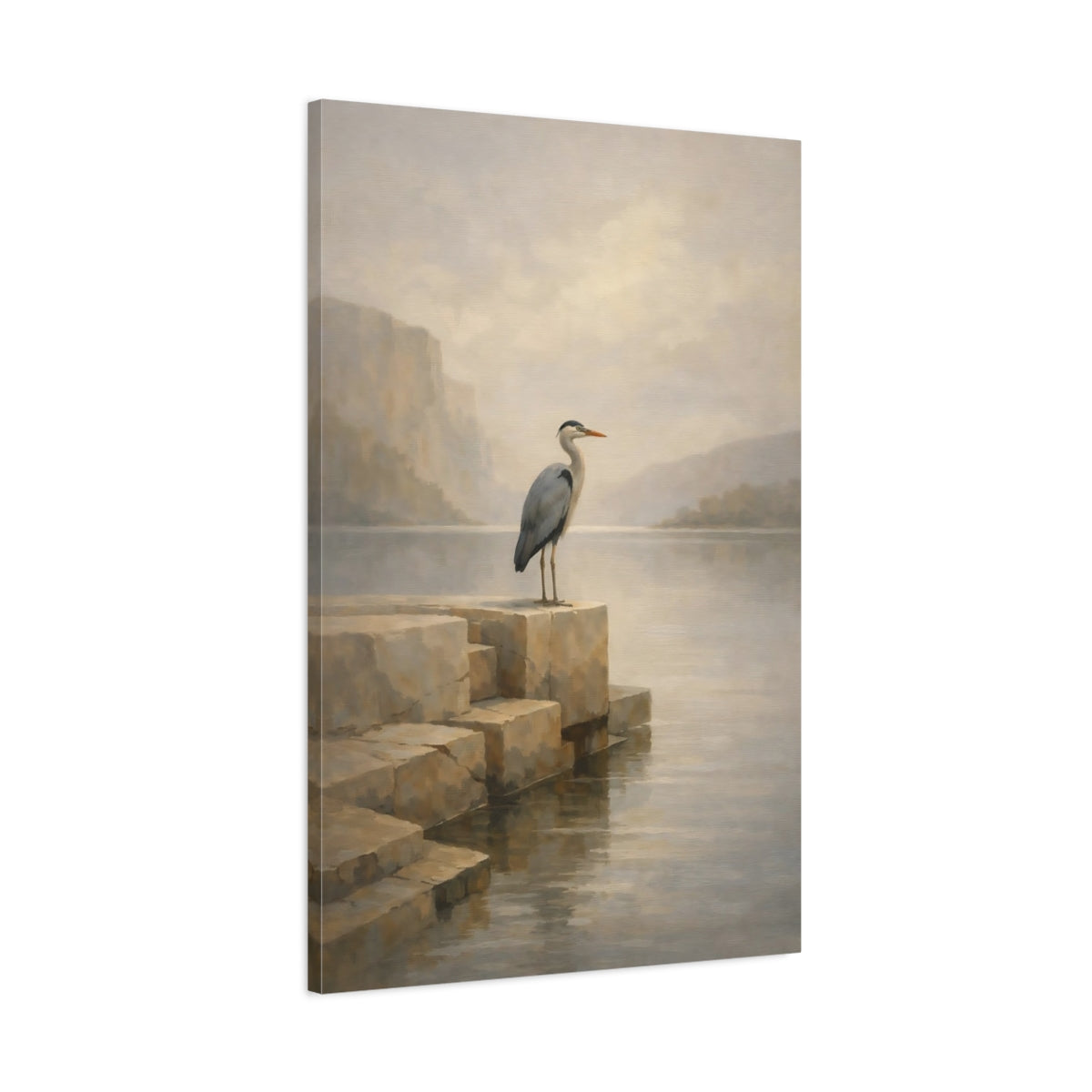 Side Mockup 1. Birds Heron Misty Lake Heron shown as stretched canvas wall art