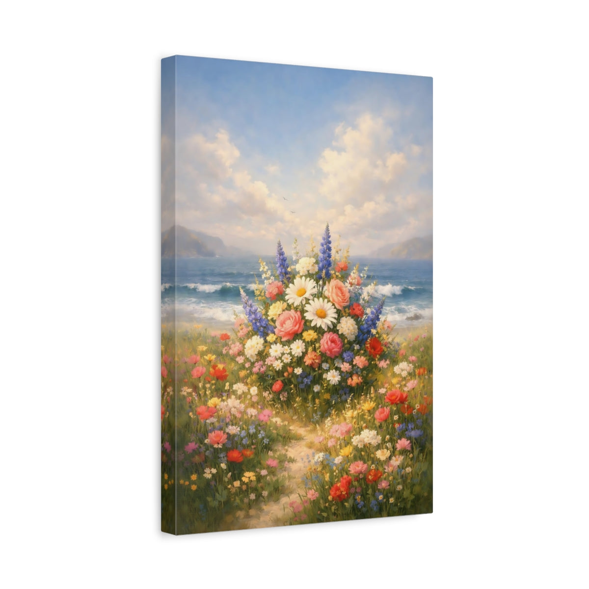Side Mockup 4. Floral Wildflower Bouquet Colorful Coastal Floral shown as stretched canvas wall art