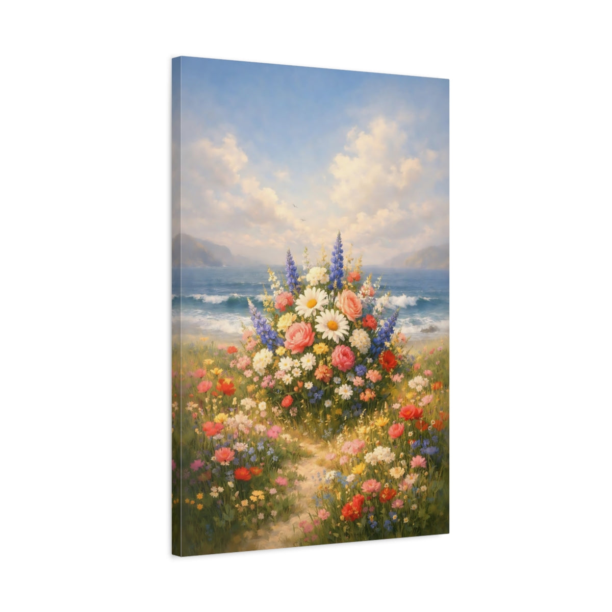 Side Mockup 2. Floral Wildflower Bouquet Colorful Coastal Floral shown as stretched canvas wall art