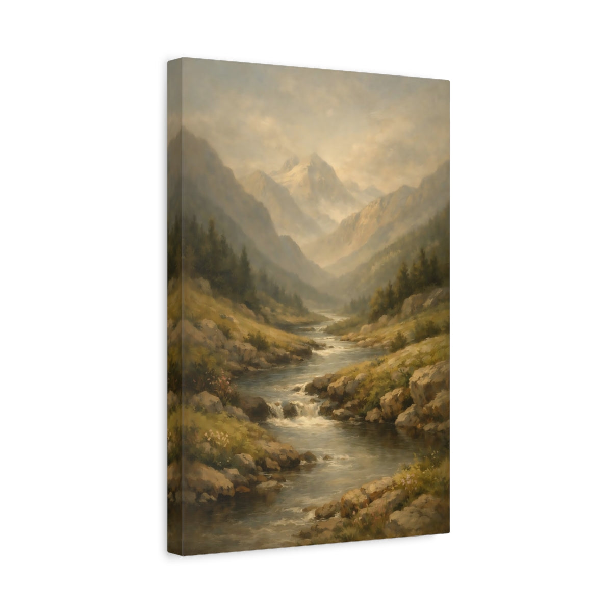 Side Mockup 4. Nature Mountain River Misty Mountain River shown as stretched canvas wall art