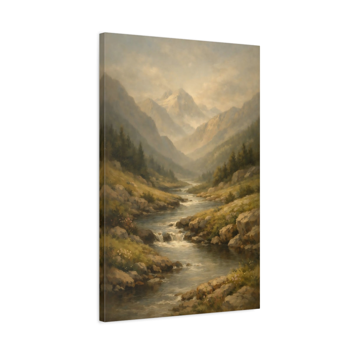 Side Mockup 2. Nature Mountain River Misty Mountain River shown as stretched canvas wall art