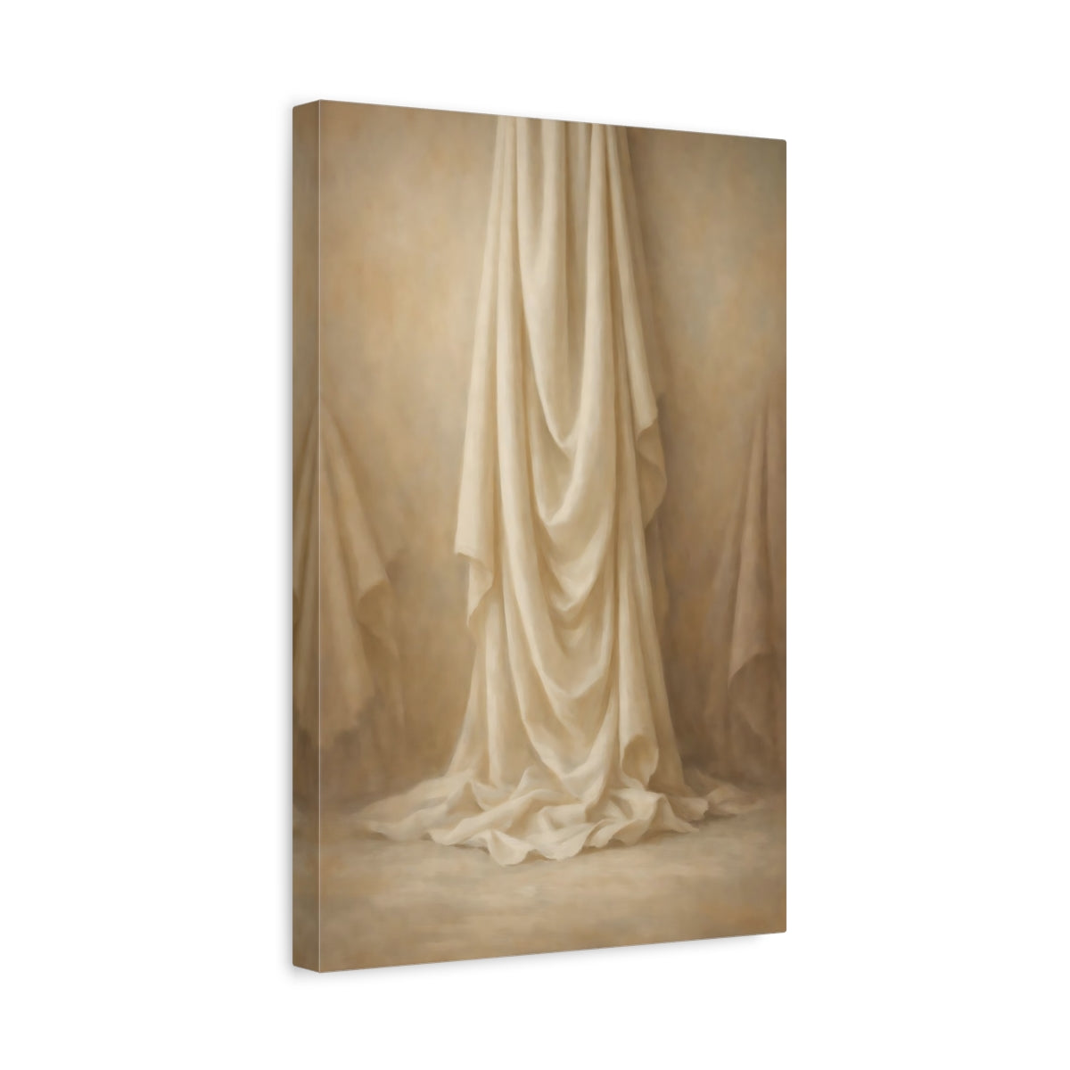 Side Mockup 4. Vintage Fabric Drapes Cream And Beige shown as stretched canvas wall art