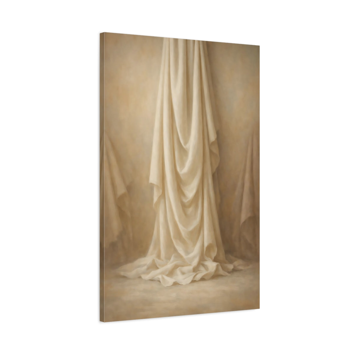 Side Mockup 1. Vintage Fabric Drapes Cream And Beige shown as stretched canvas wall art