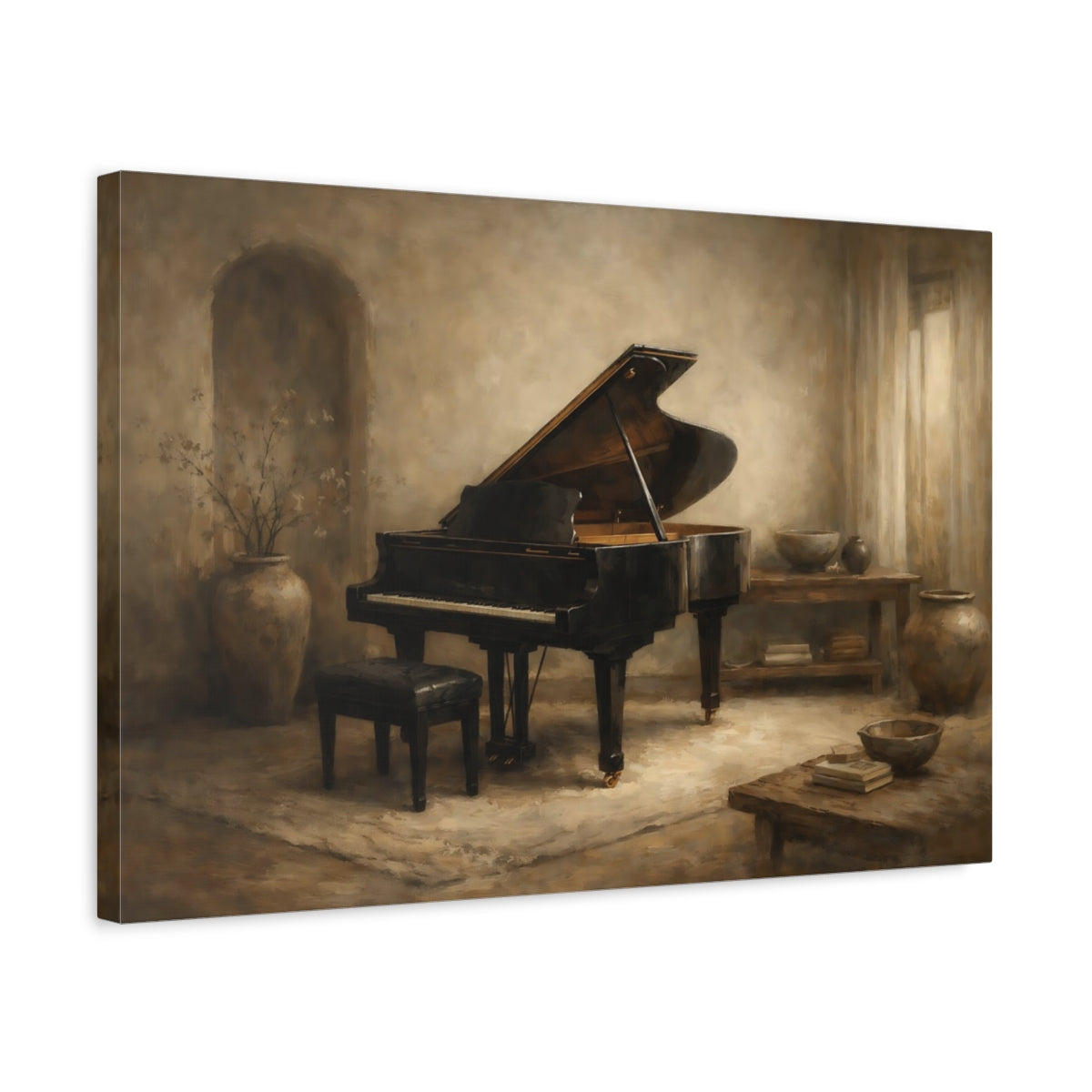 Side Mockup 3. Wabi Sabi Grand Piano Interior Scene shown as stretched canvas wall art