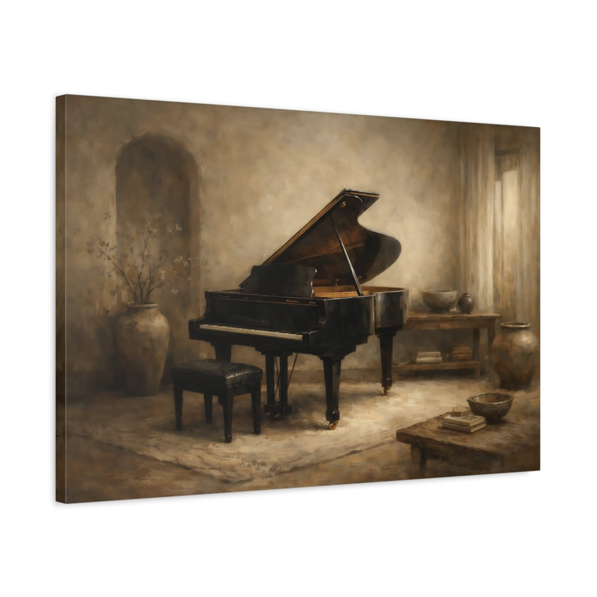 Side Mockup 2. Wabi Sabi Grand Piano Interior Scene shown as stretched canvas wall art
