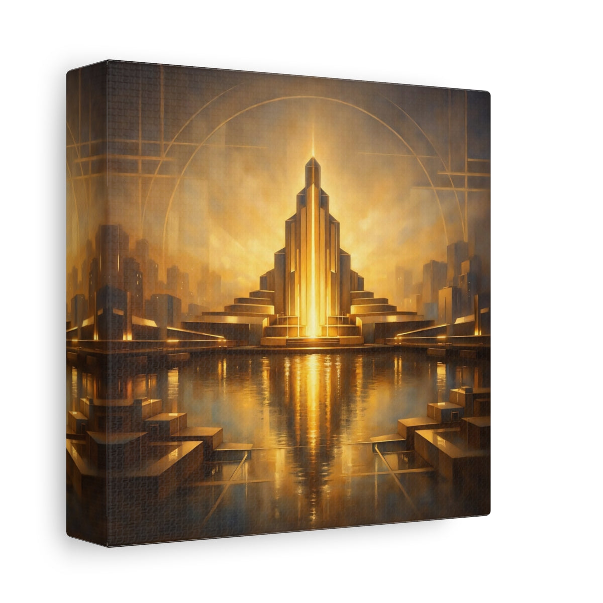 Side Mockup 1. Science Fiction Art Deco Architecture Golden Cityscape shown as stretched canvas wall art