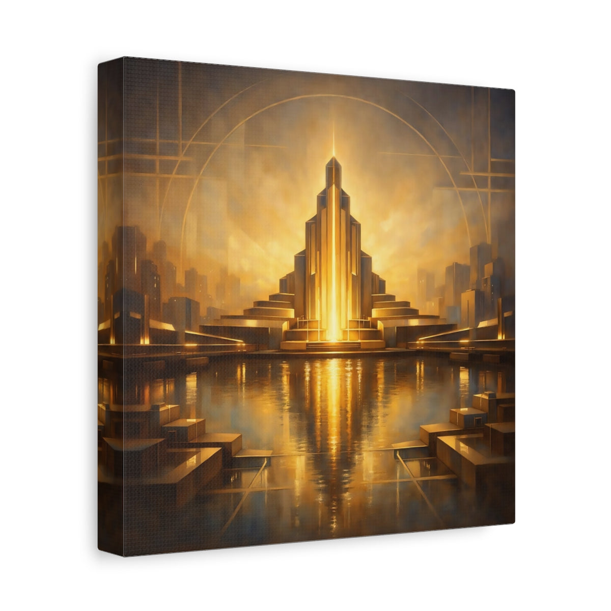 Side Mockup 9. Science Fiction Art Deco Architecture Golden Cityscape shown as stretched canvas wall art