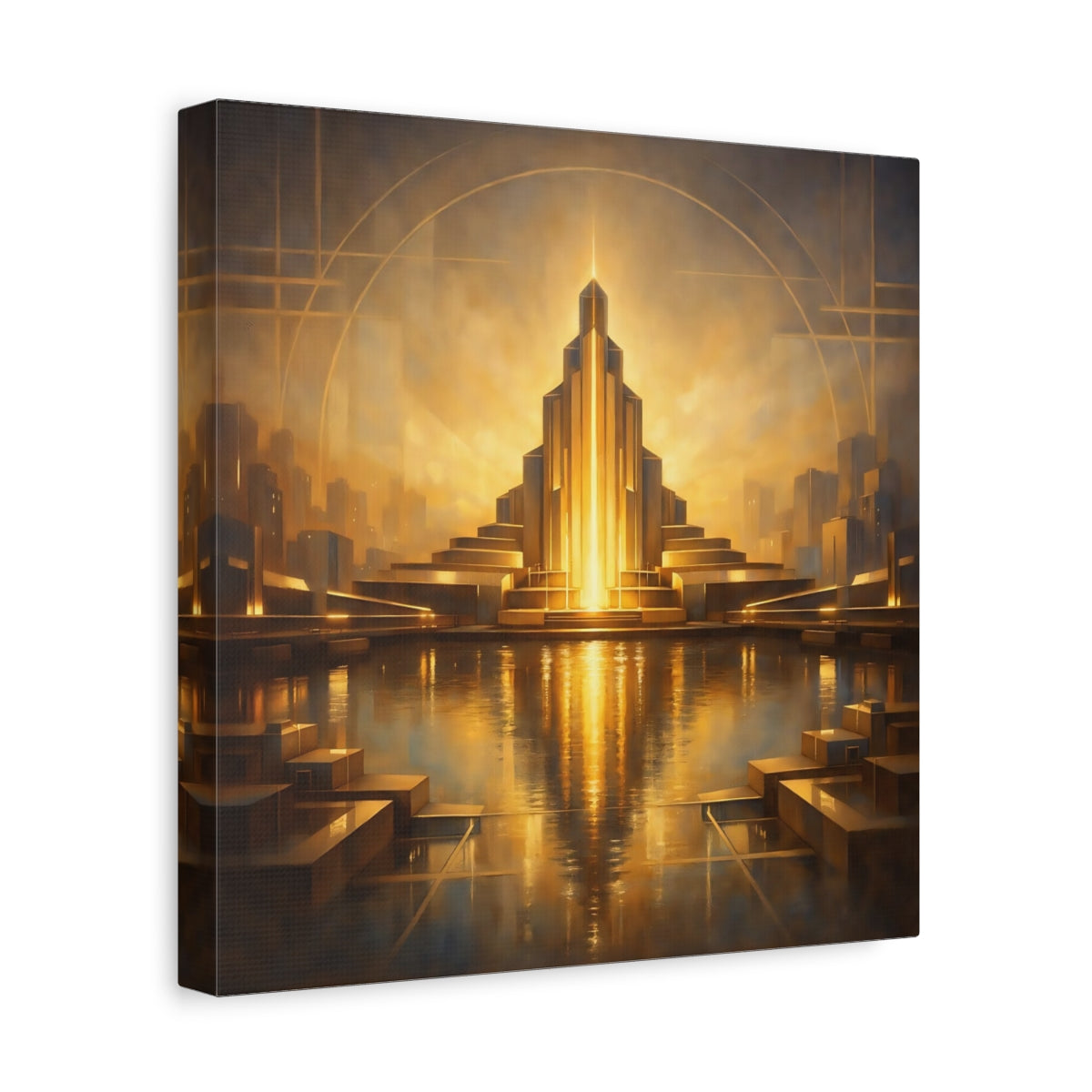 Side Mockup 8. Science Fiction Art Deco Architecture Golden Cityscape shown as stretched canvas wall art
