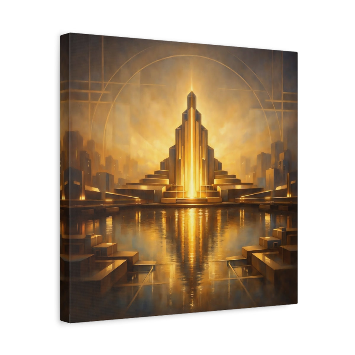 Side Mockup 6. Science Fiction Art Deco Architecture Golden Cityscape shown as stretched canvas wall art