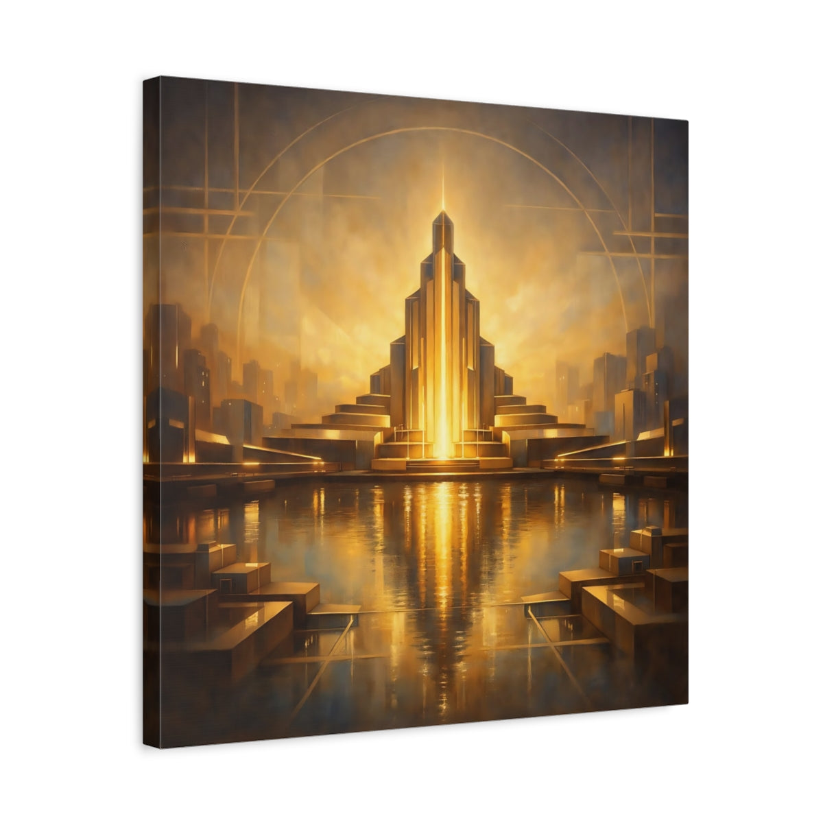 Side Mockup 5. Science Fiction Art Deco Architecture Golden Cityscape shown as stretched canvas wall art