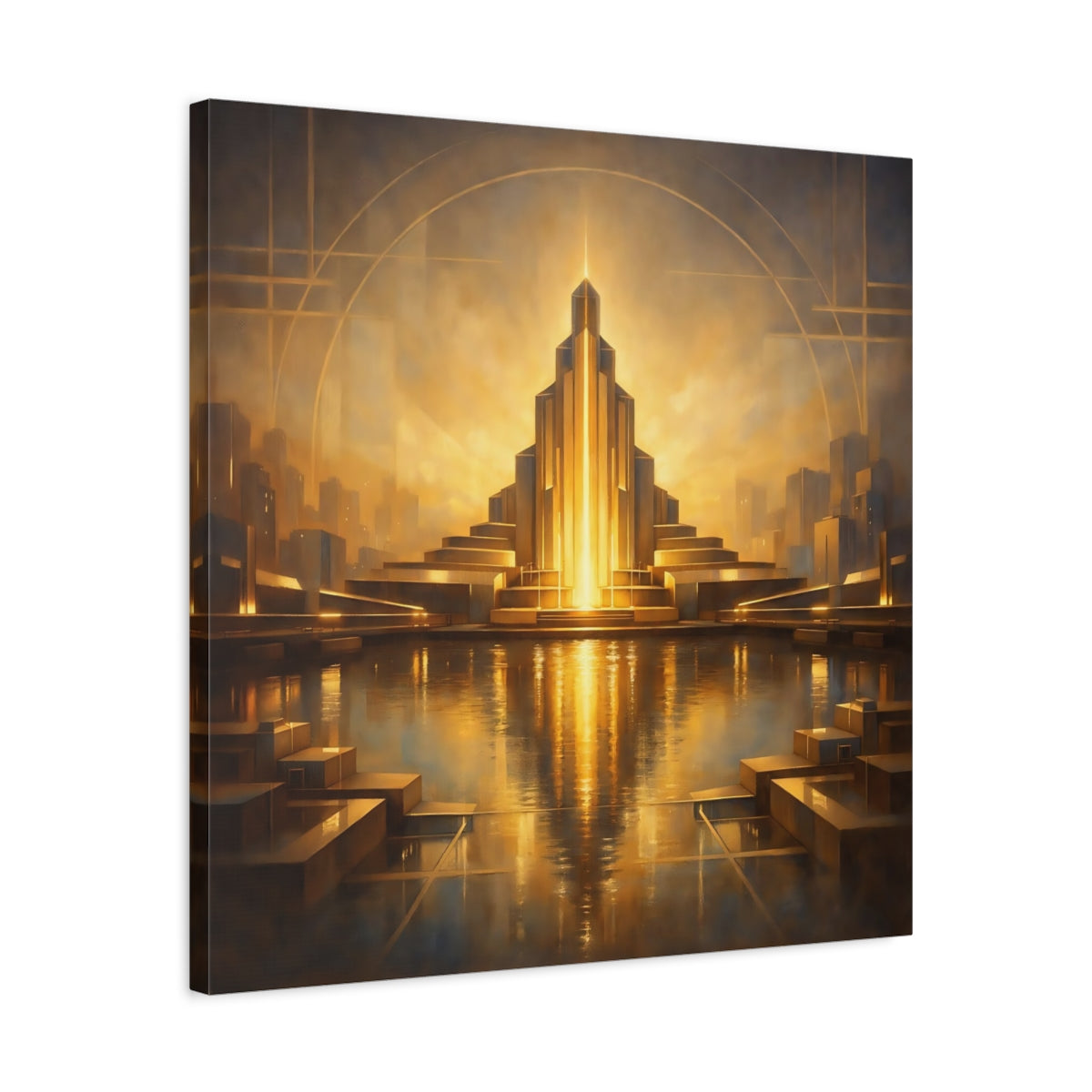 Side Mockup 4. Science Fiction Art Deco Architecture Golden Cityscape shown as stretched canvas wall art