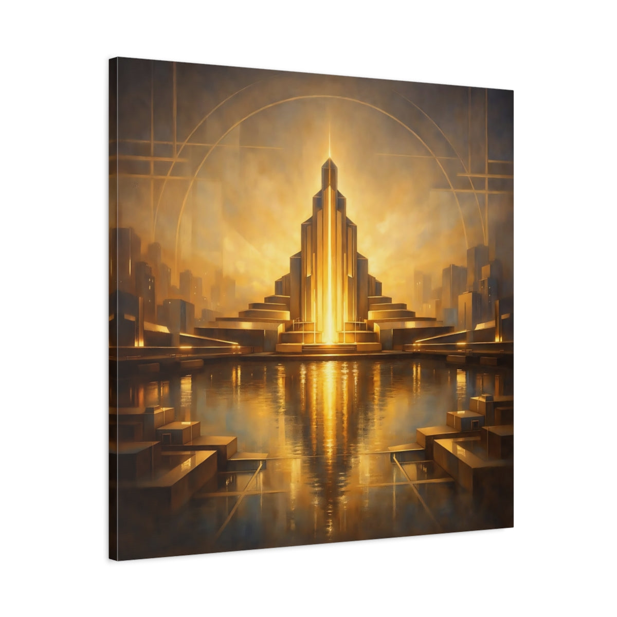 Side Mockup 3. Science Fiction Art Deco Architecture Golden Cityscape shown as stretched canvas wall art