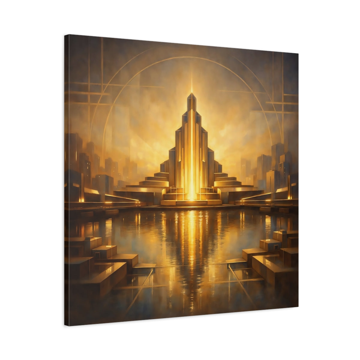 Side Mockup 2. Science Fiction Art Deco Architecture Golden Cityscape shown as stretched canvas wall art