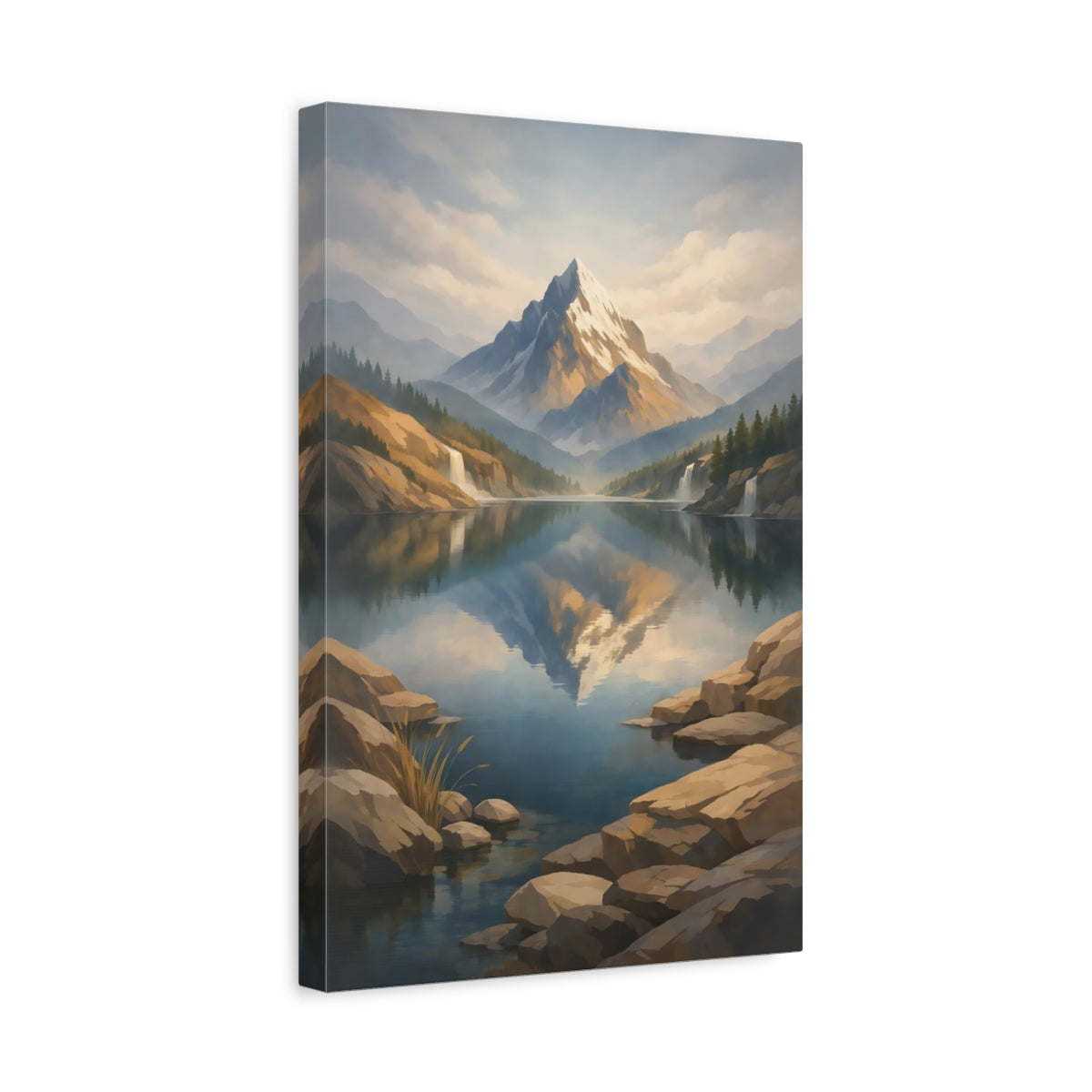 Side Mockup 4. Nature Snowy Mountain Snowy Mountain Lake shown as stretched canvas wall art