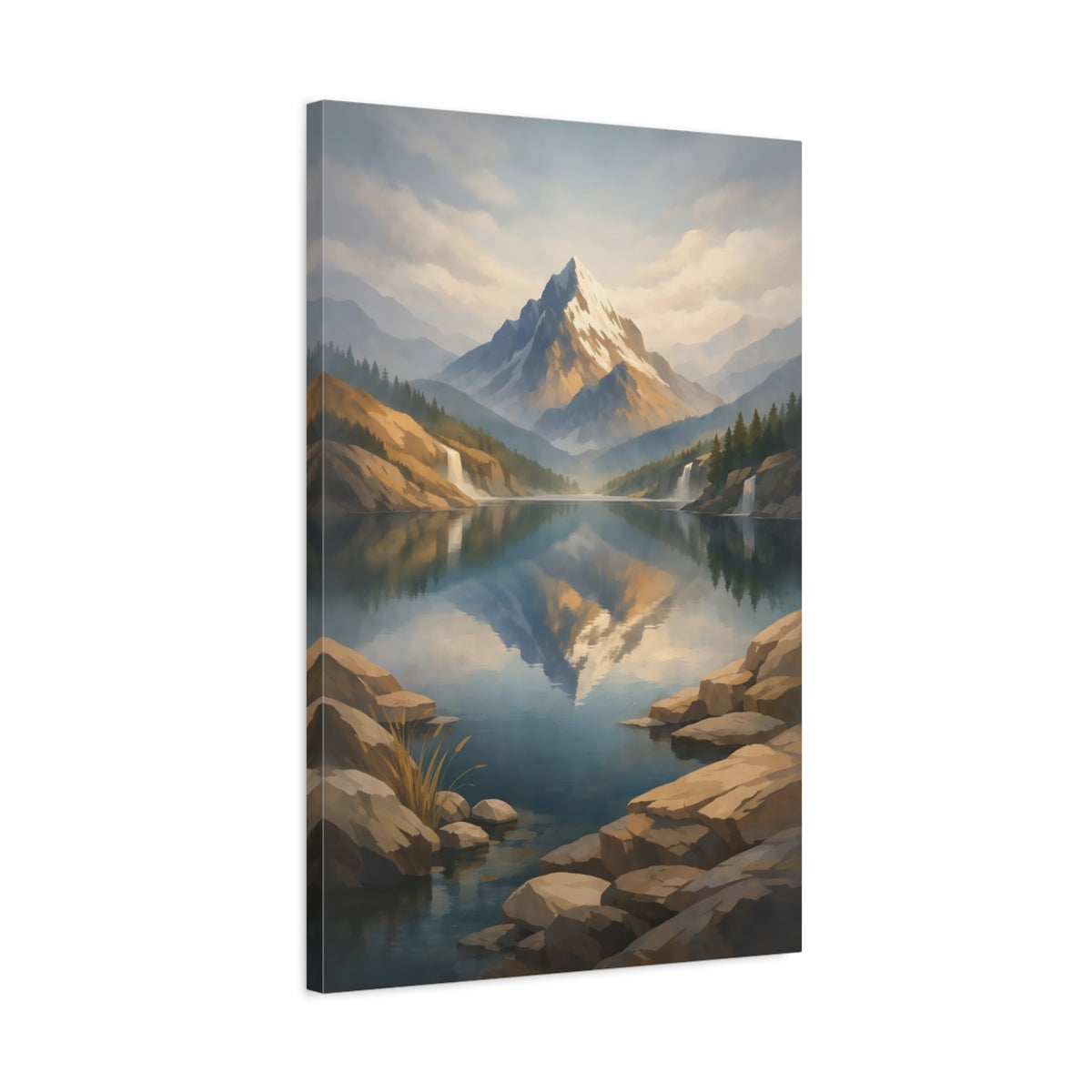 Side Mockup 2. Nature Snowy Mountain Snowy Mountain Lake shown as stretched canvas wall art