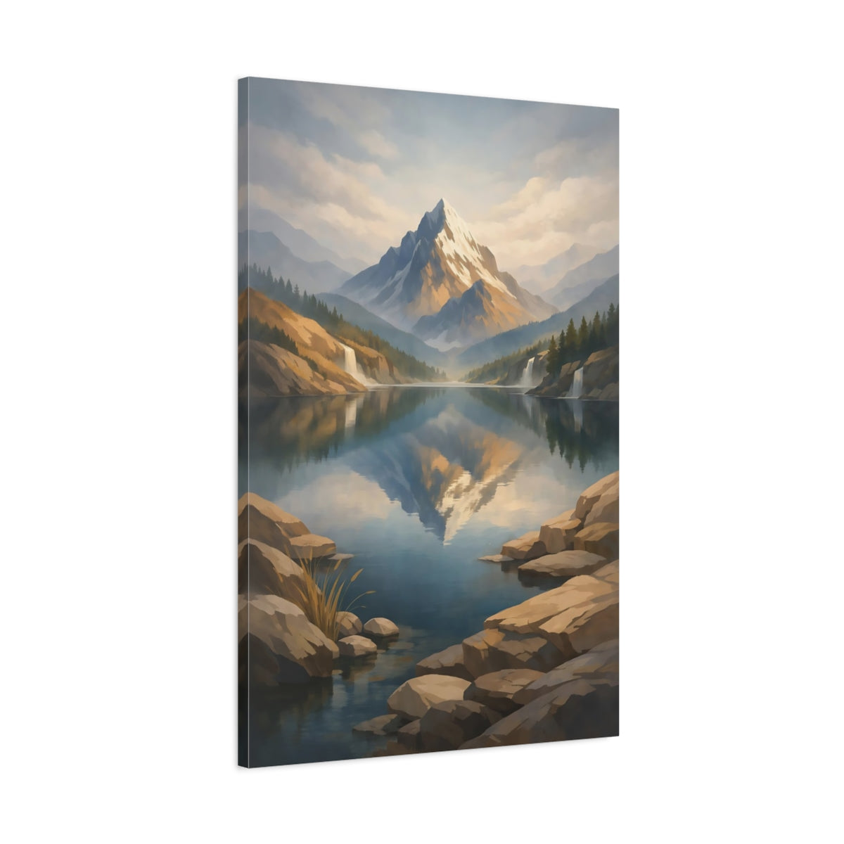 Side Mockup 1. Nature Snowy Mountain Snowy Mountain Lake shown as stretched canvas wall art