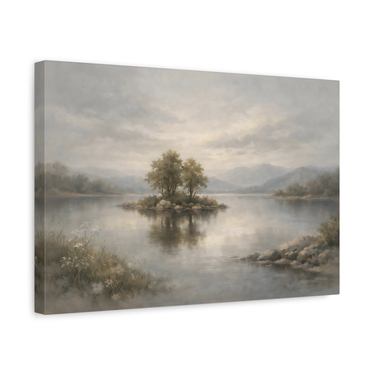 Side Mockup 4. Nature Lake Island Misty Landscape shown as stretched canvas wall art