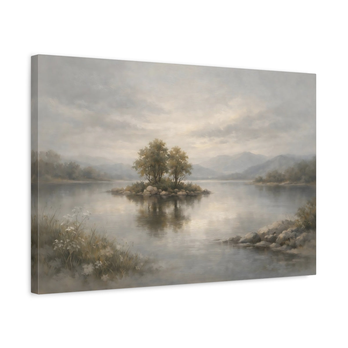 Side Mockup 3. Nature Lake Island Misty Landscape shown as stretched canvas wall art