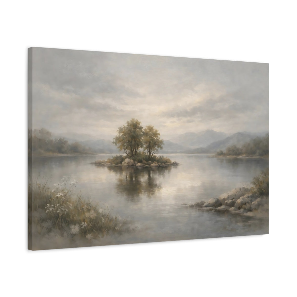 Side Mockup 2. Nature Lake Island Misty Landscape shown as stretched canvas wall art