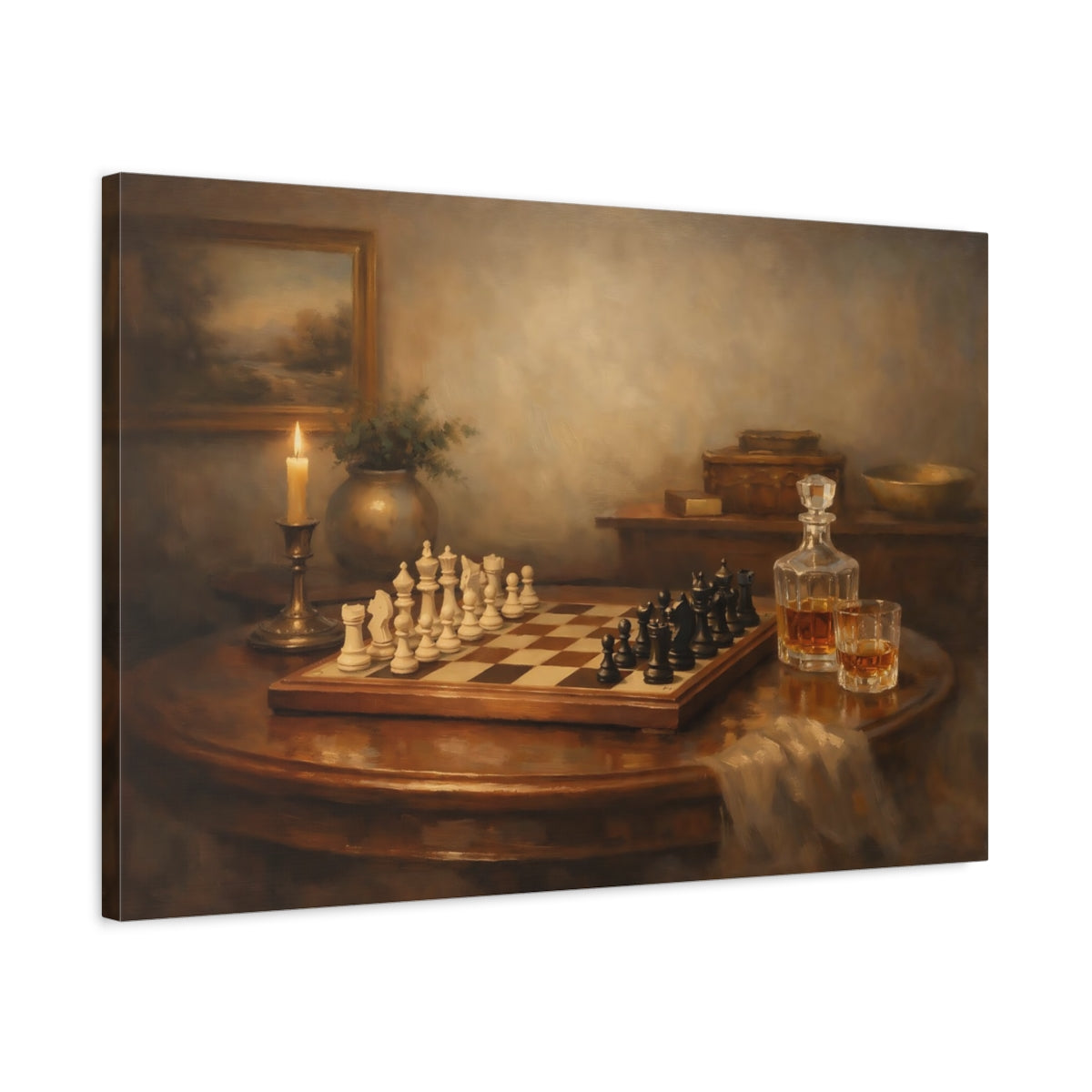 Side Mockup 2. Organic Chess Table Interior Composition shown as stretched canvas wall art