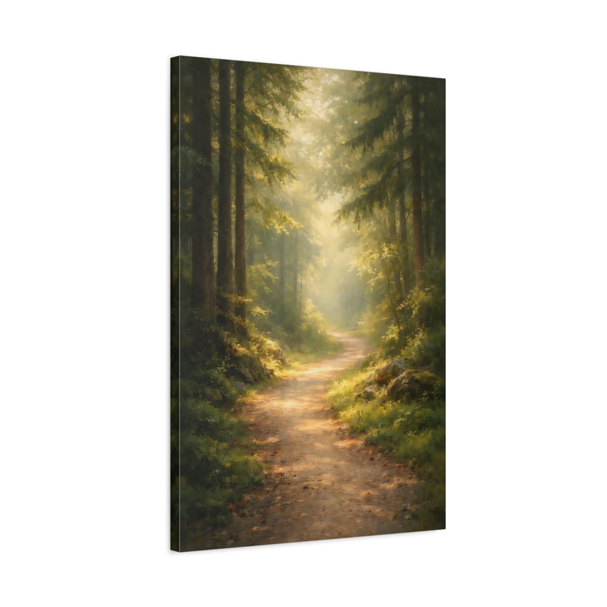 Side Mockup 2. Nature Forest Path Green Forest Path shown as stretched canvas wall art