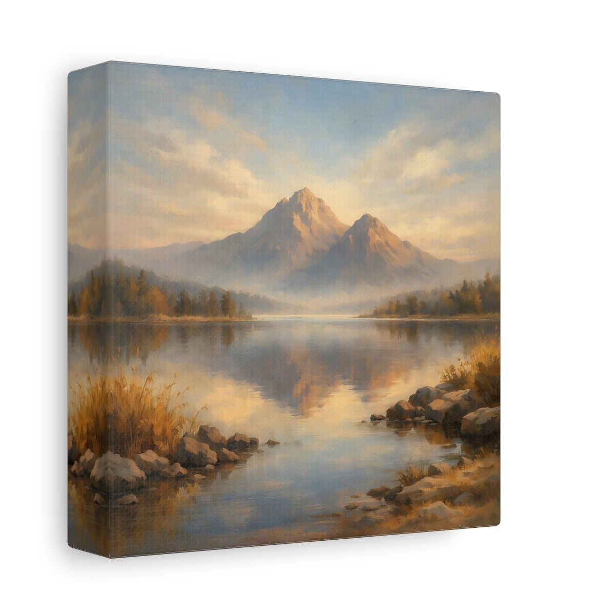 Side Mockup 1. Nature Mountain Lake Blue And Gold Landscape shown as stretched canvas wall art