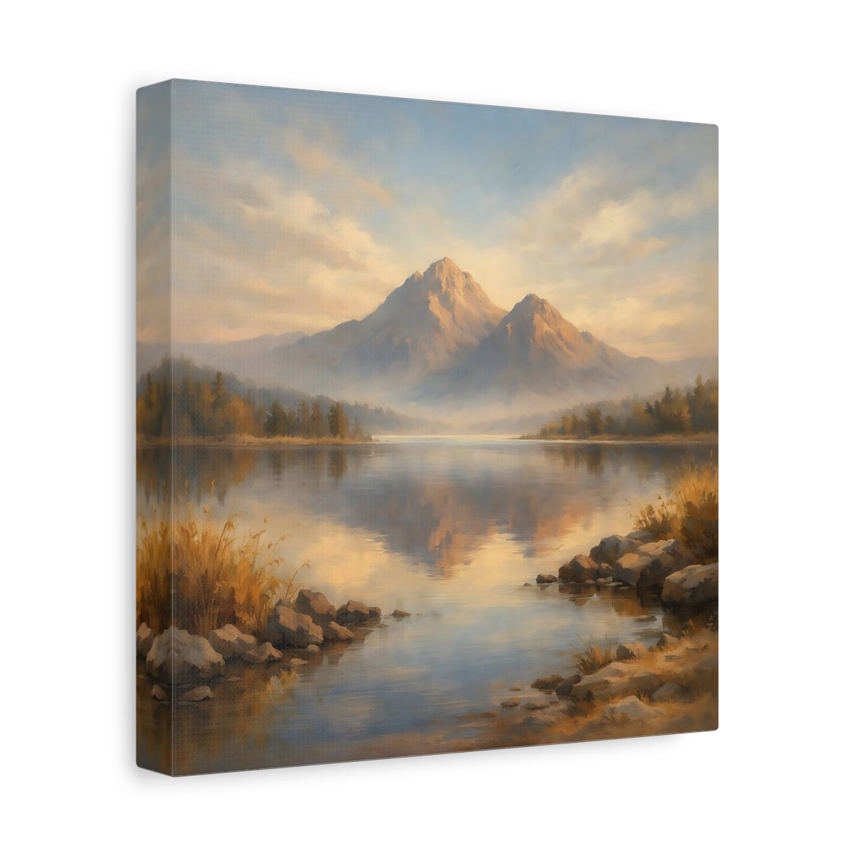Side Mockup 9. Nature Mountain Lake Blue And Gold Landscape shown as stretched canvas wall art