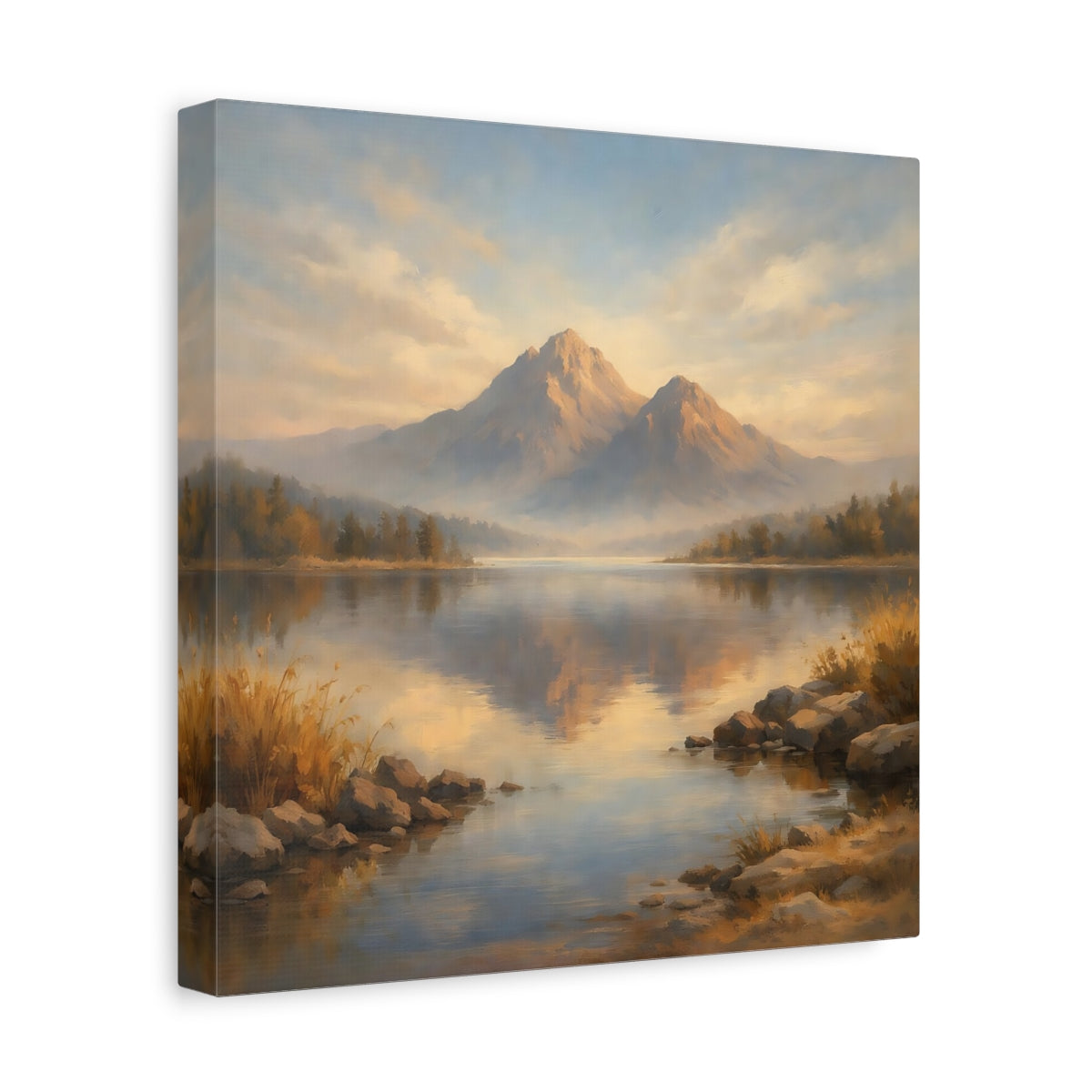 Side Mockup 8. Nature Mountain Lake Blue And Gold Landscape shown as stretched canvas wall art