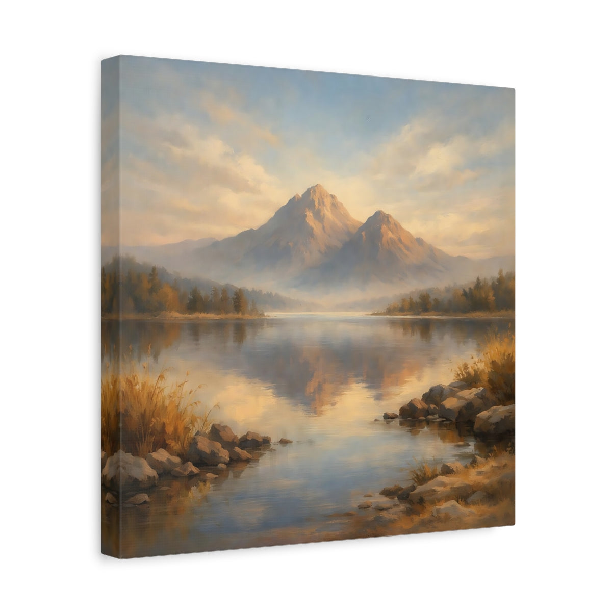Side Mockup 7. Nature Mountain Lake Blue And Gold Landscape shown as stretched canvas wall art