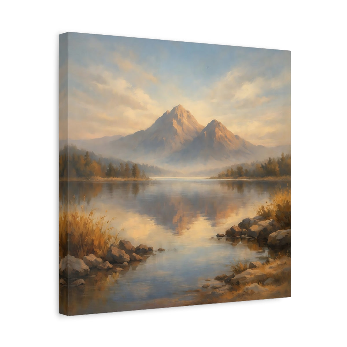 Side Mockup 6. Nature Mountain Lake Blue And Gold Landscape shown as stretched canvas wall art