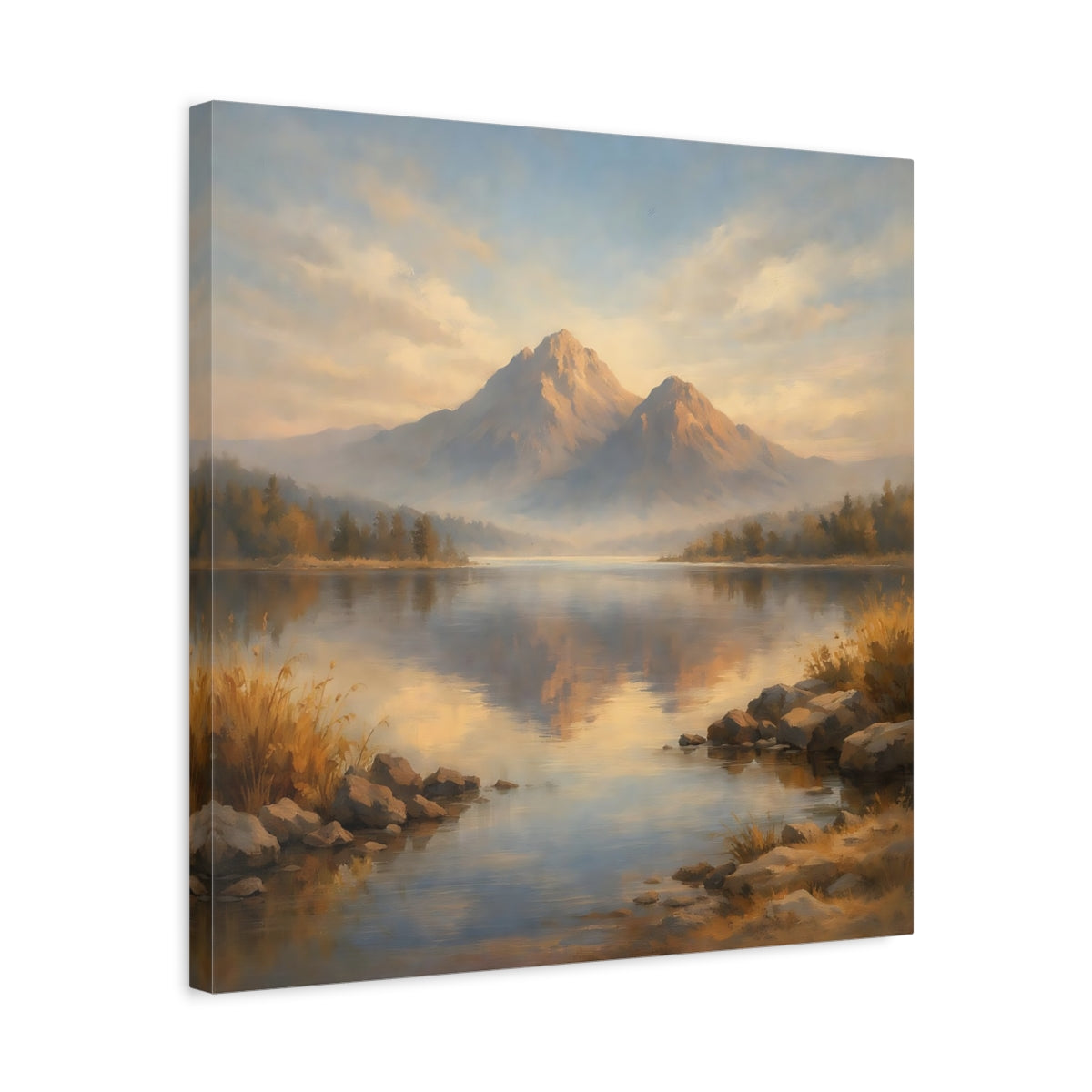 Side Mockup 5. Nature Mountain Lake Blue And Gold Landscape shown as stretched canvas wall art