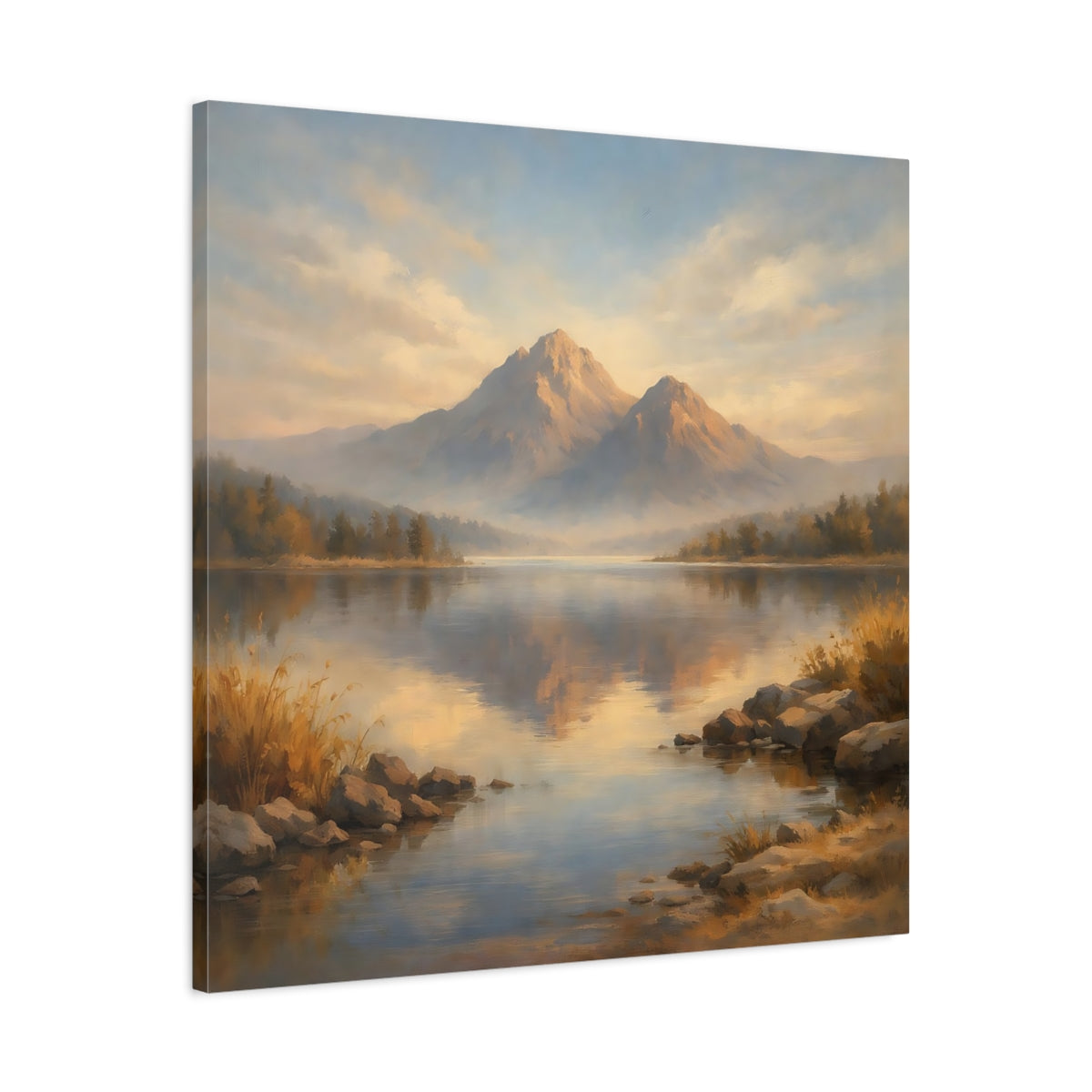 Side Mockup 3. Nature Mountain Lake Blue And Gold Landscape shown as stretched canvas wall art