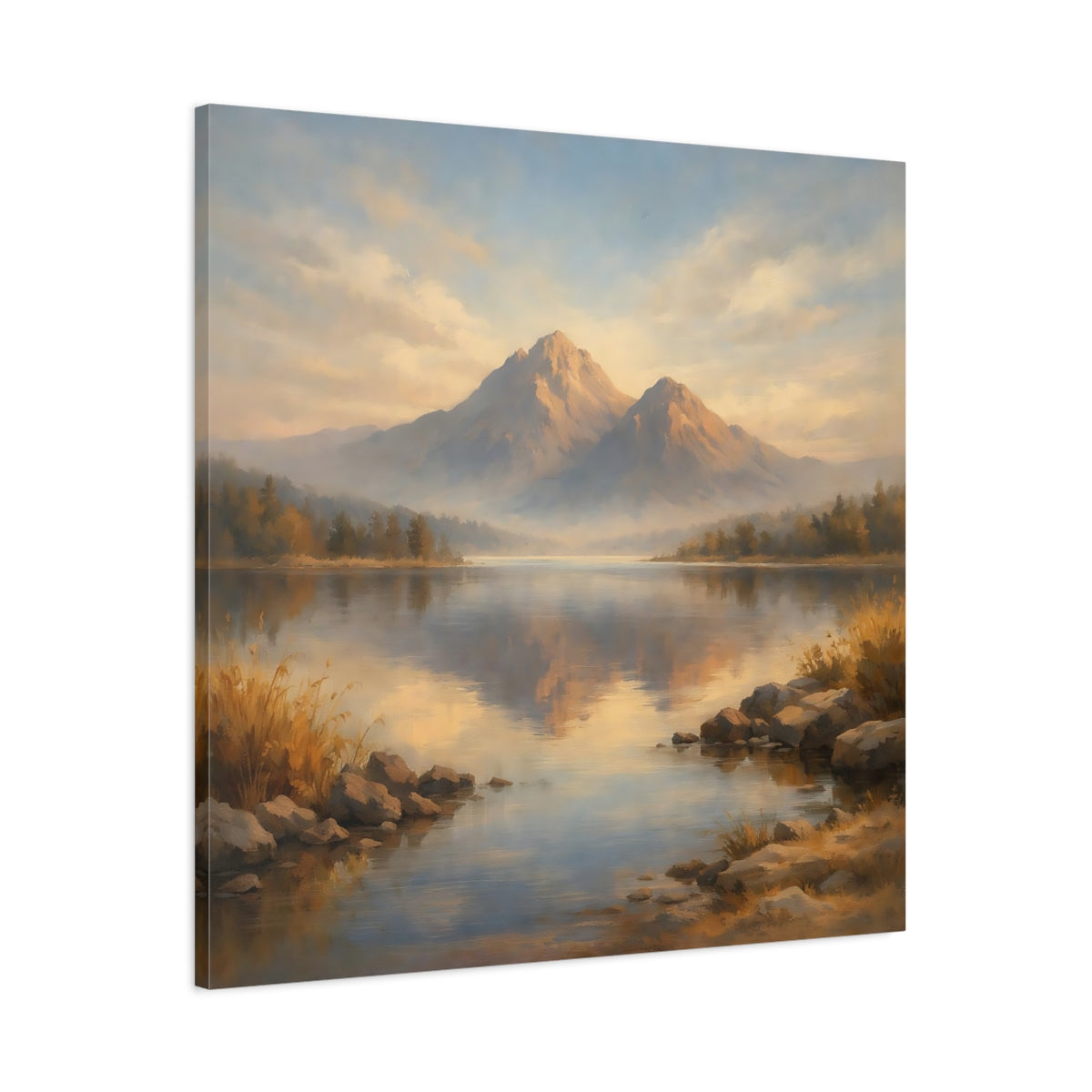 Side Mockup 2. Nature Mountain Lake Blue And Gold Landscape shown as stretched canvas wall art