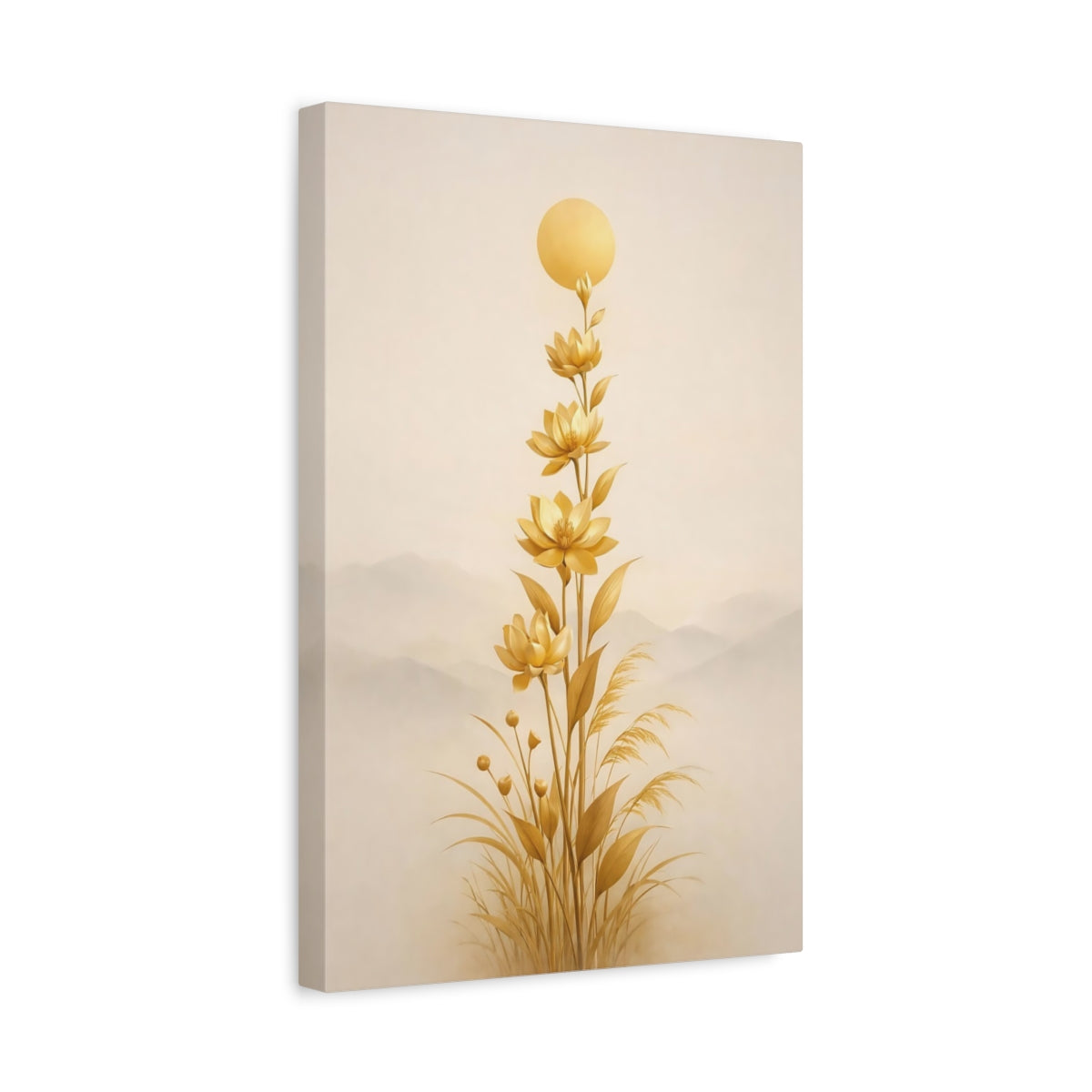 Side Mockup 4. Nature Lotus Flowers Gold Floral Art shown as stretched canvas wall art
