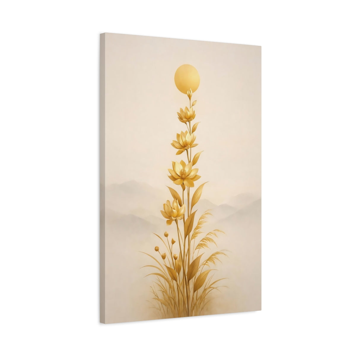 Side Mockup 2. Nature Lotus Flowers Gold Floral Art shown as stretched canvas wall art