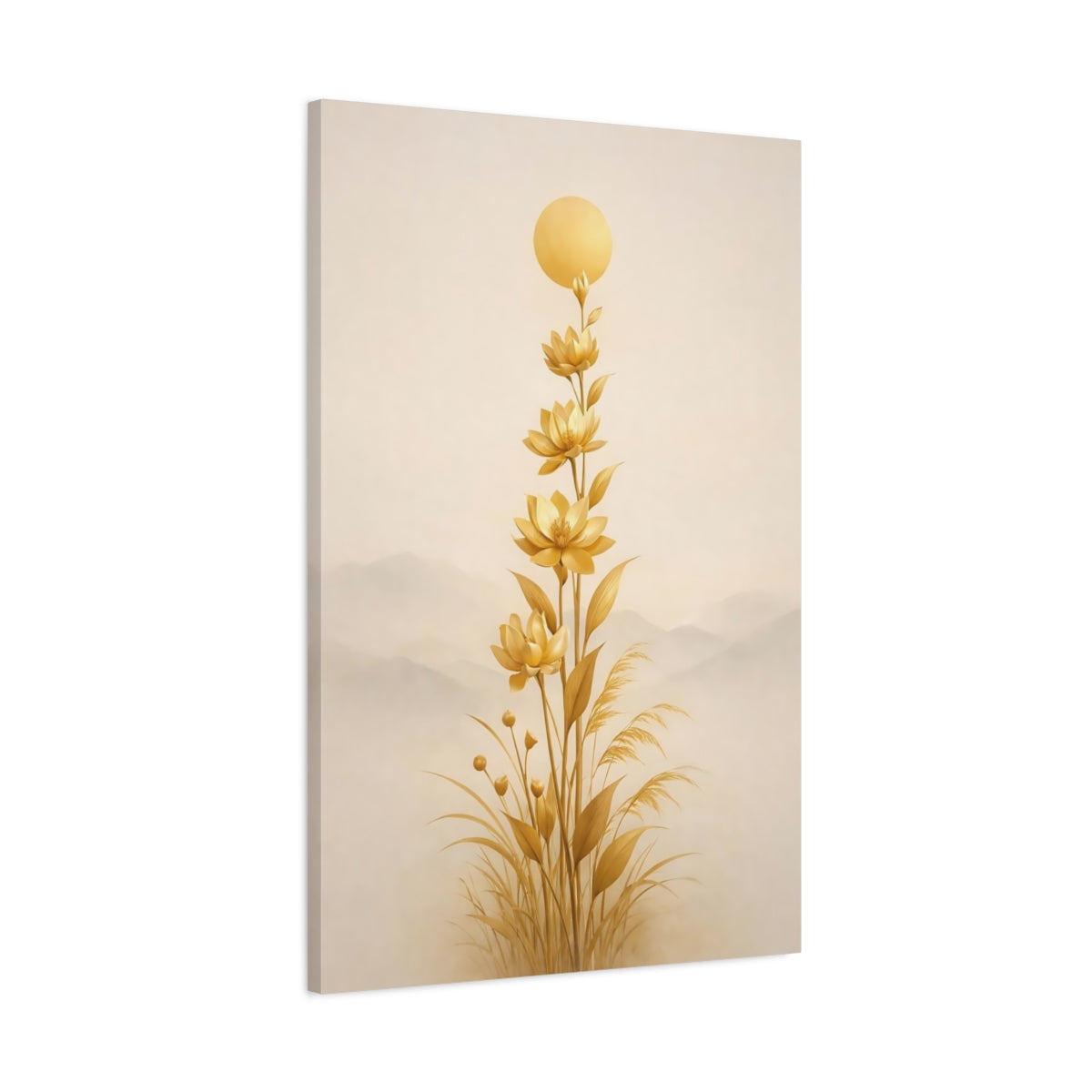 Side Mockup 1. Nature Lotus Flowers Gold Floral Art shown as stretched canvas wall art