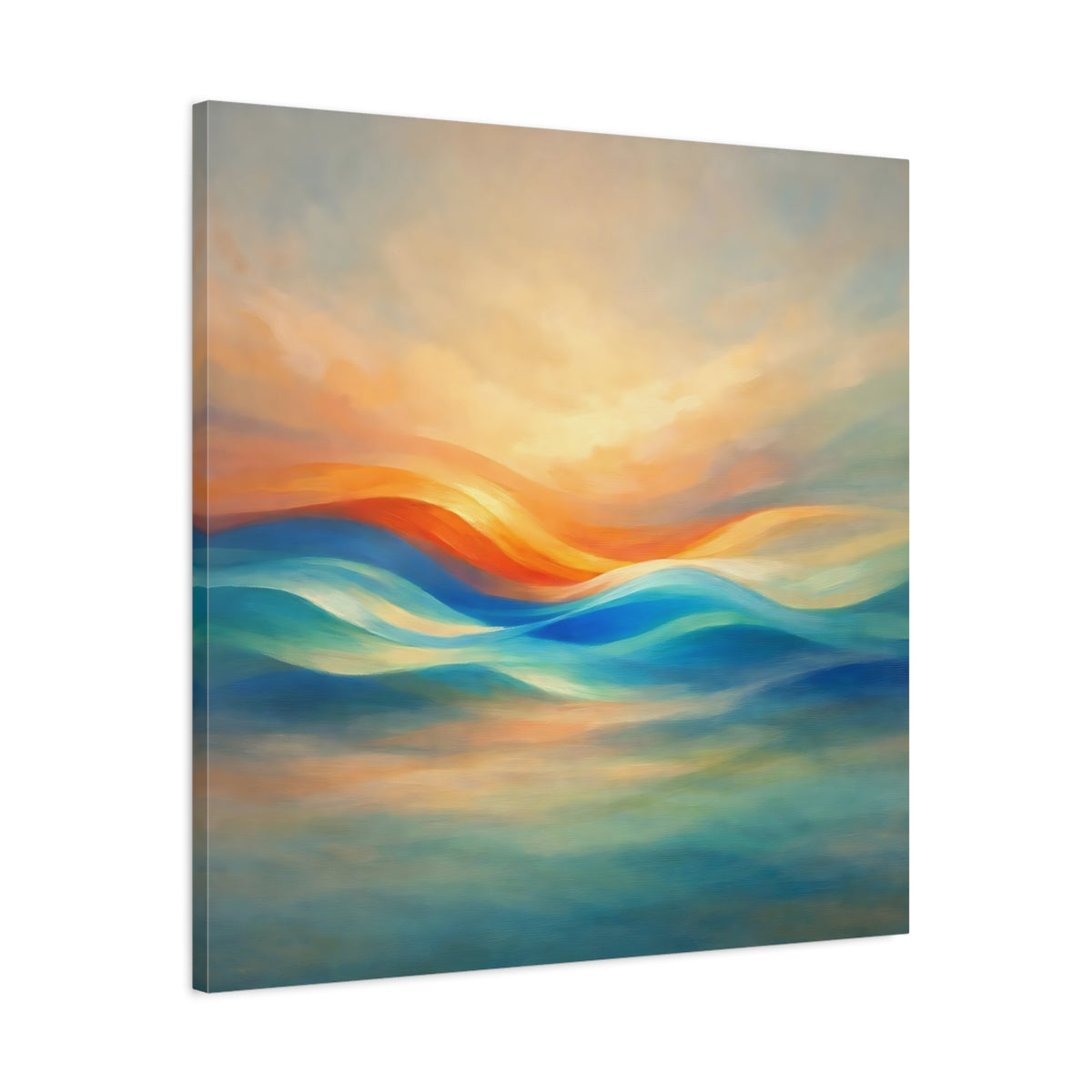 Side Mockup 3. Nature Abstract Waves Orange Blue Waves shown as stretched canvas wall art