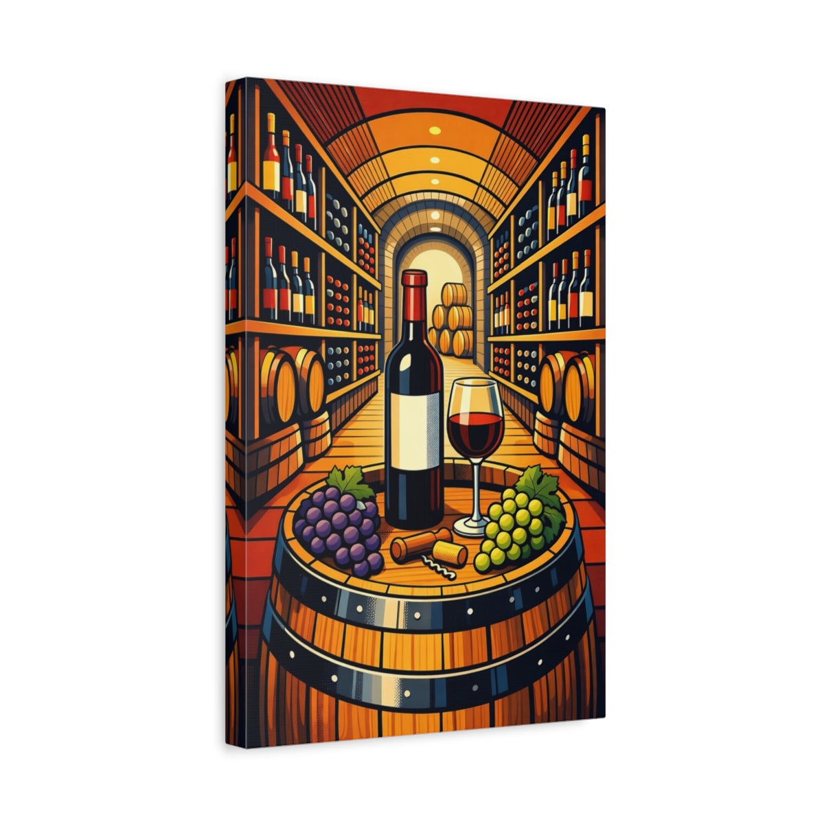 Side Mockup 4. Vintage Wine And Grapes Wine Cellar Scene shown as stretched canvas wall art