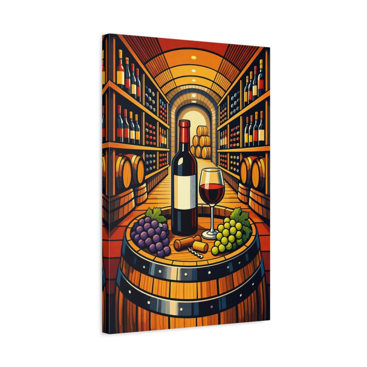 Side Mockup 3. Vintage Wine And Grapes Wine Cellar Scene shown as stretched canvas wall art