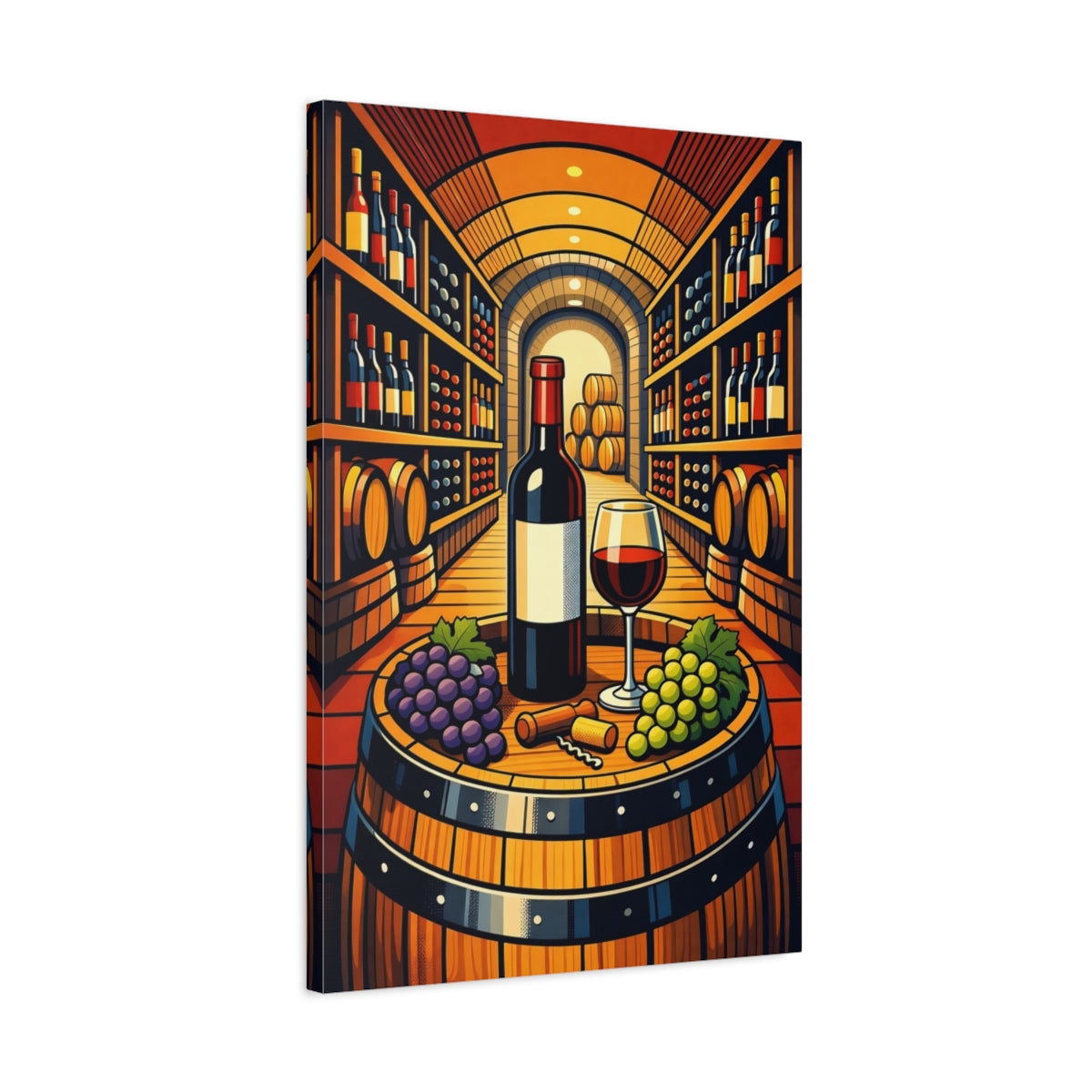 Side Mockup 2. Vintage Wine And Grapes Wine Cellar Scene shown as stretched canvas wall art