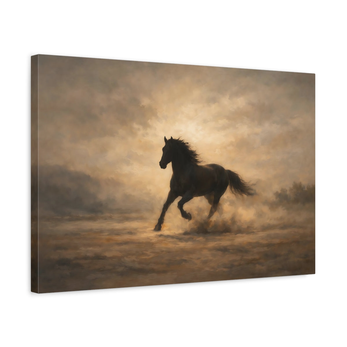 Side Mockup 3. Luxury Minimal Horse Running Dramatic Scene shown as stretched canvas wall art