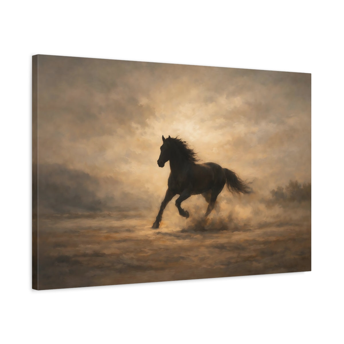 Side Mockup 2. Luxury Minimal Horse Running Dramatic Scene shown as stretched canvas wall art