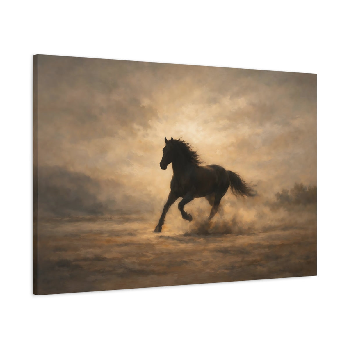 Side Mockup 1. Luxury Minimal Horse Running Dramatic Scene shown as stretched canvas wall art