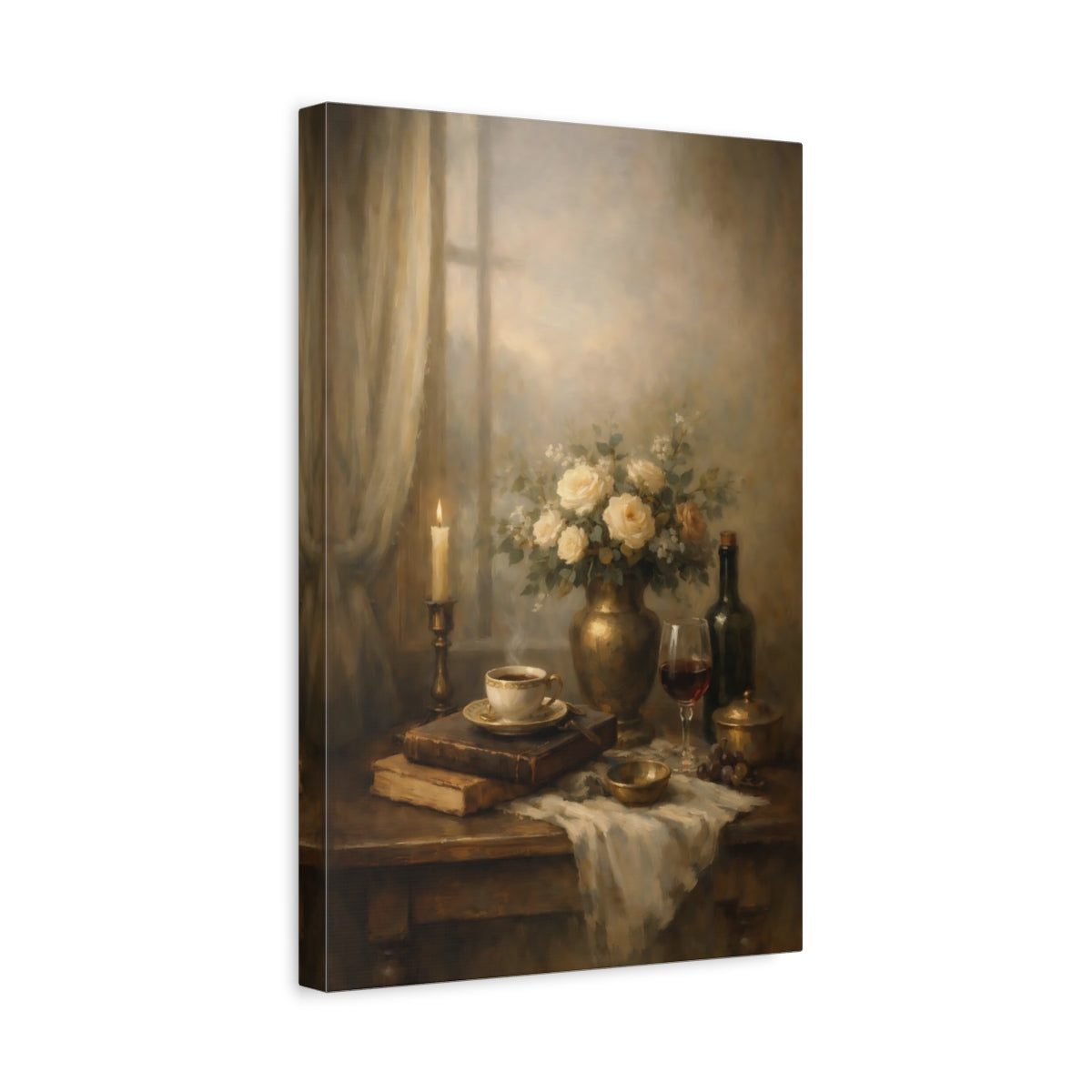 Side Mockup 4. Vintage Still Life Warm Still Life shown as stretched canvas wall art