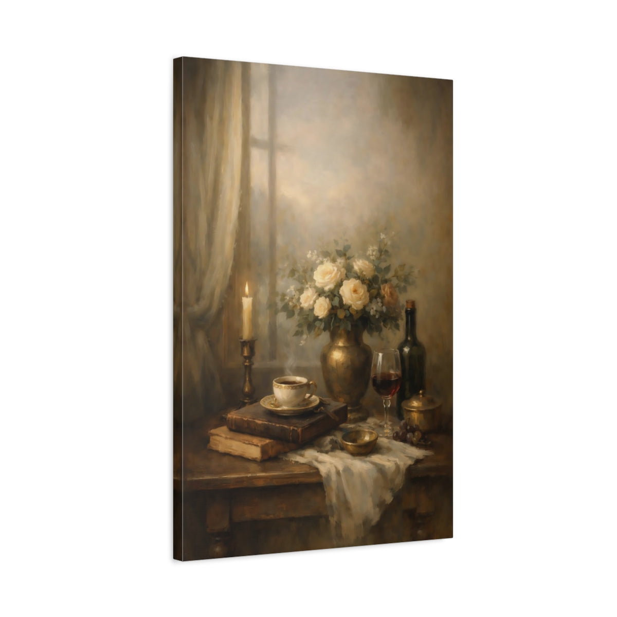 Side Mockup 2. Vintage Still Life Warm Still Life shown as stretched canvas wall art