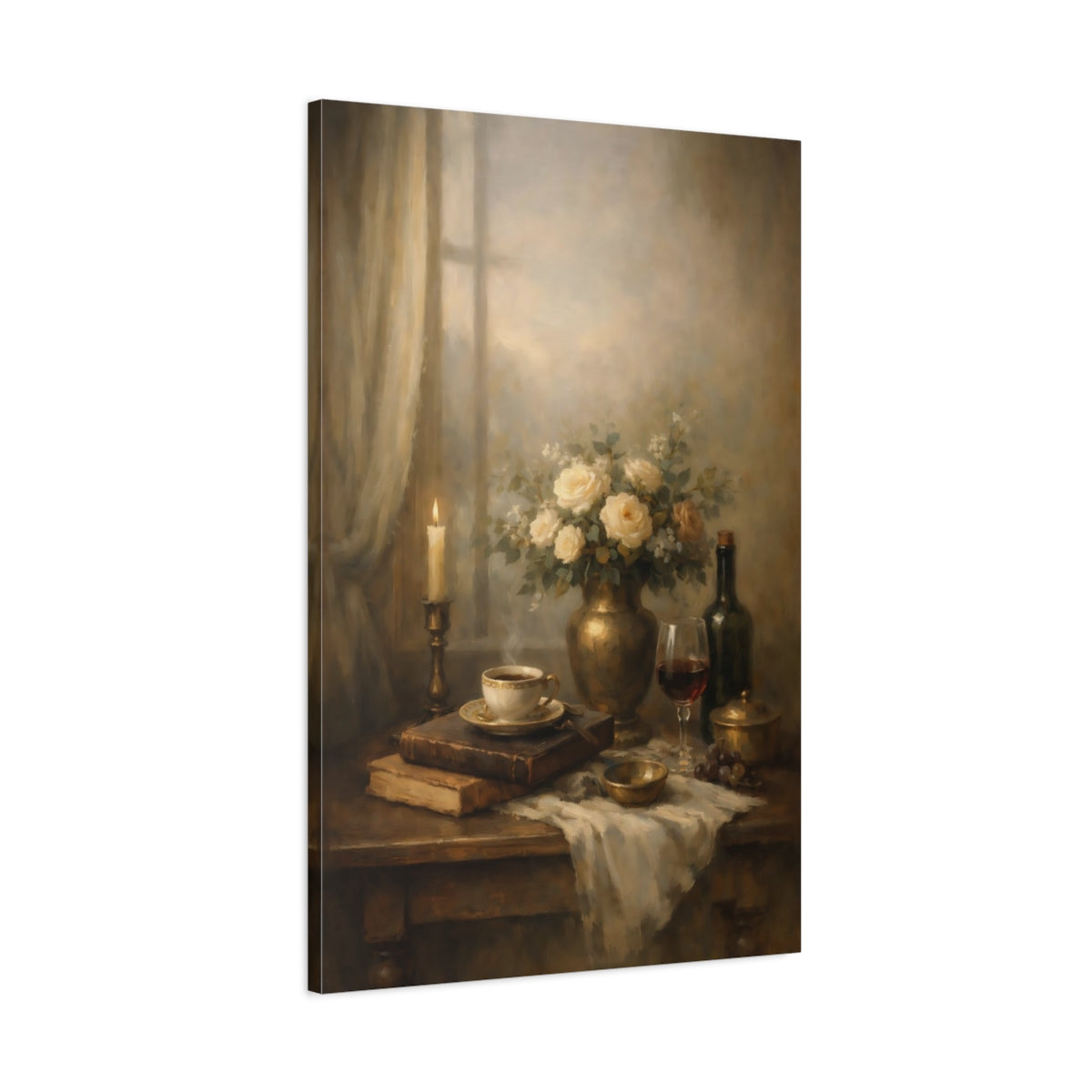 Side Mockup 1. Vintage Still Life Warm Still Life shown as stretched canvas wall art